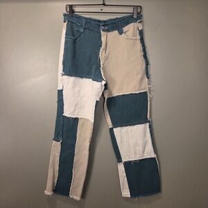 Patchwork Jeans Straight Leg Distressed Hems Boho Streetwear, Women's Size L